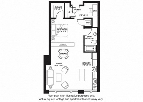 Floor plan for studio, 1 bath, 830 sqft
